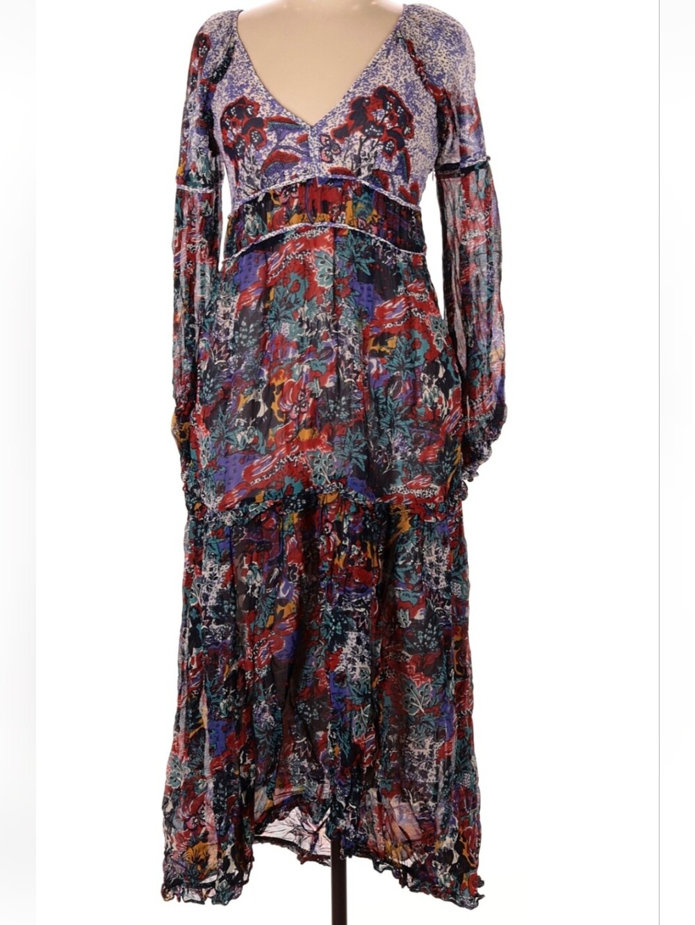 Anthropologie Maeve Multicolor Floral Paisley V‑Neck Long Sleeve Maxi Dress